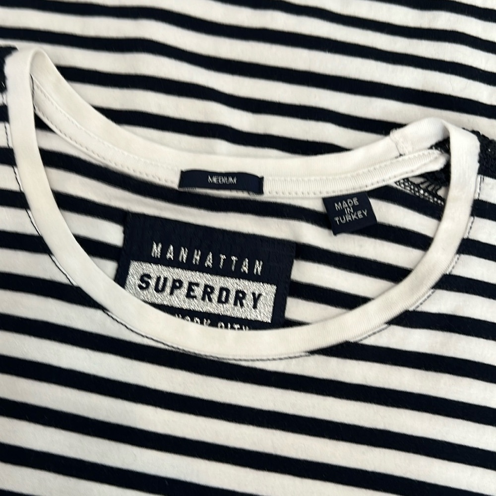 SuperDry Jersey Cotton Navy Stripe Dress Lace Sleeve Accent Sz 8 US - Picture 4 of 14